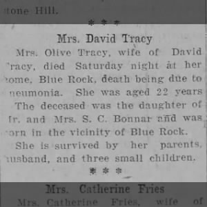 Obit of Olive Bonar Bonner Tracy in ppr Dec 1918