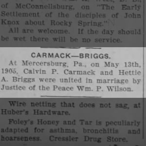 Calvin Porter Carmack and Hettie Briggs marriage notice 1905